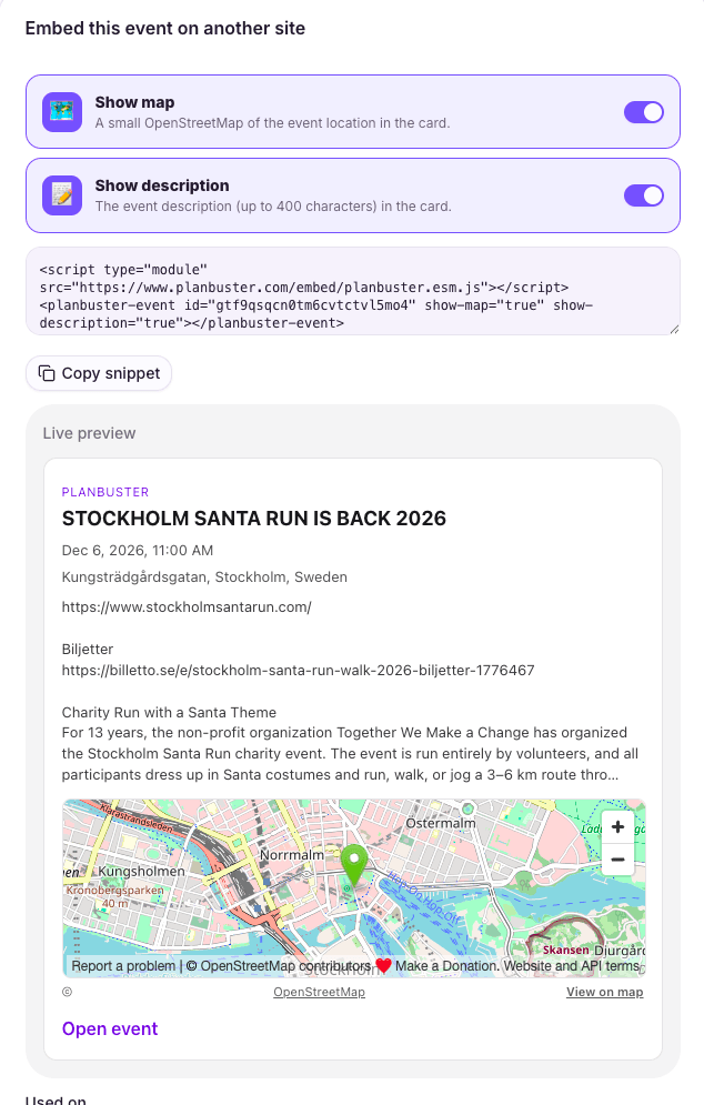 Embed-inställningarna för ett event i Planbuster: reglage för karta och beskrivning, HTML-snippet att kopiera och en live-förhandsvisning av eventkortet med karta.